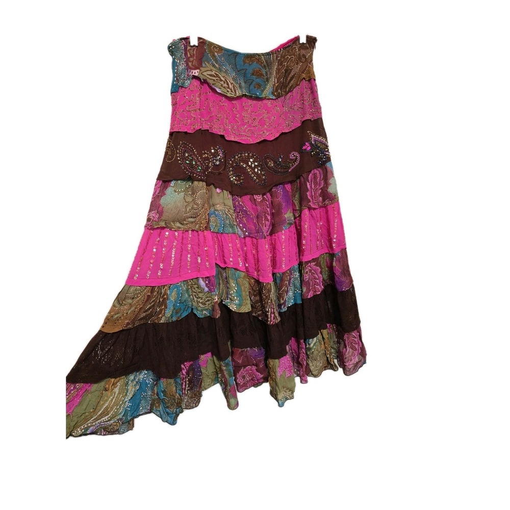 Womens Y2K Vintage Maxi Skirt Tiered Size Medium Beaded Pink Brown Flowy Haven B